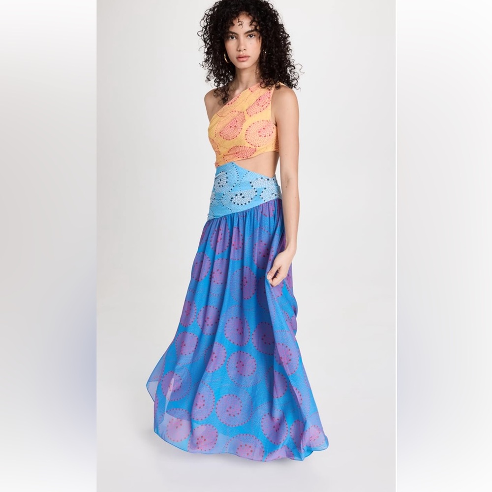 STAUD One Shoulder Dress in Yellow and Blue